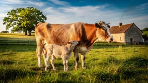Veau élevé sous la mère dans un pâturage du pays de Pompadour avec la vache maternelle paisible