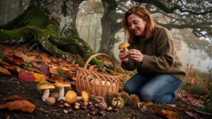 Cueillette gourmande de cèpes, châtaignes et noix en Corrèze sous une lumière automnale naturelle