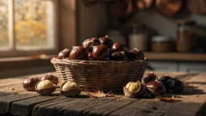 Panier de châtaignes non ouvertes sur table en bois, reflet chaud et atmosphère automnale réaliste