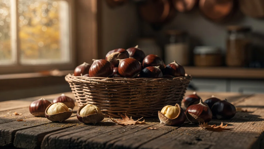 Panier de châtaignes non ouvertes sur table en bois, reflet chaud et atmosphère automnale réaliste