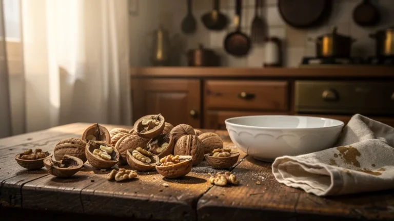 Noix rancies sur table en bois, conservées à l'air libre avant les fêtes, texture altérée visible