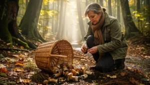 Panier renversé de cèpes trop mûrs dans une forêt humide ruinant la cueillette d'un dimanche