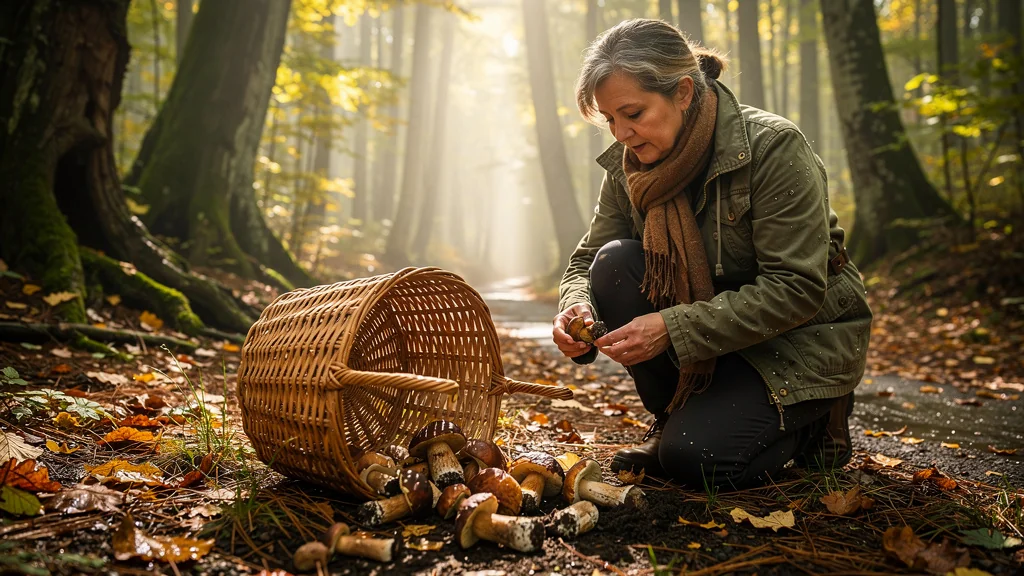 Panier renversé de cèpes trop mûrs dans une forêt humide ruinant la cueillette d'un dimanche