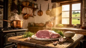 Cuisine traditionnelle du veau du Limousin dans une cuisine de ferme rustique au soleil du dimanche