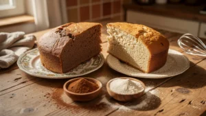 Comparaison visuelle ultra-réaliste de deux farines de châtaigne locales dans un gâteau artisanal