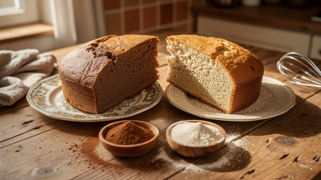 Comparaison visuelle ultra-réaliste de deux farines de châtaigne locales dans un gâteau artisanal