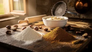 Scène rustique avec farine de châtaigne et farine de blé pour gâteau de pays traditionnel