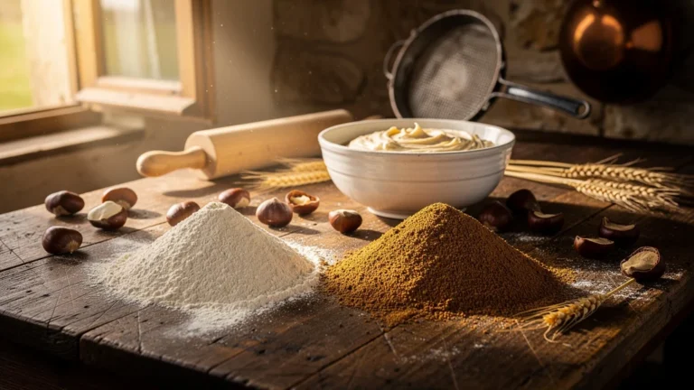 Scène rustique avec farine de châtaigne et farine de blé pour gâteau de pays traditionnel