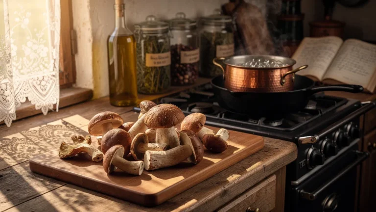 Cuisine réaliste avec cèpes frais, poêle et casserole pour blanchir avant la cuisson sautée