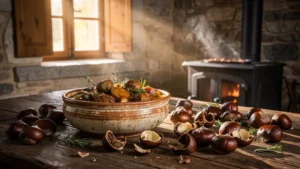 Cuisine salée corrézienne avec châtaignes fraîches et plat traditionnel en cuisine rustique