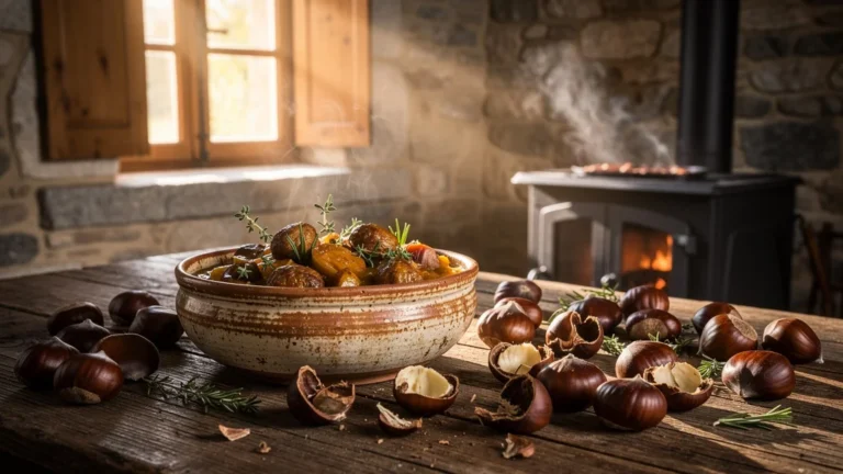 Cuisine salée corrézienne avec châtaignes fraîches et plat traditionnel en cuisine rustique