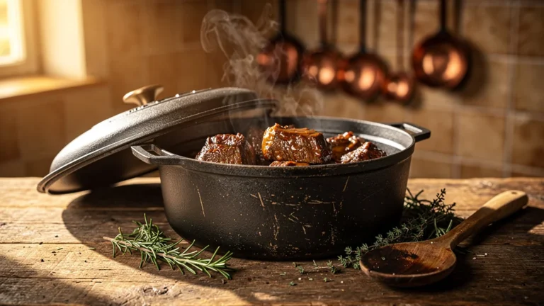 Cocotte en fonte bon marché avec veau mijoté réussi dans une cuisine rustique lumineuse