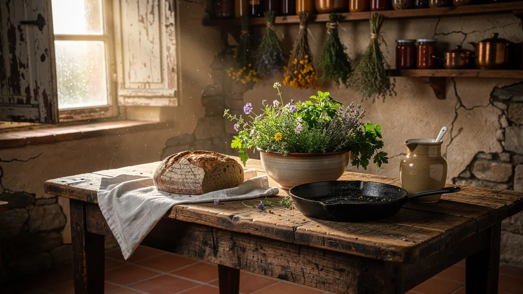 Cuisine de pays rustique authentique sans dressage, ambiance chaleureuse et naturelle en lumière matinale