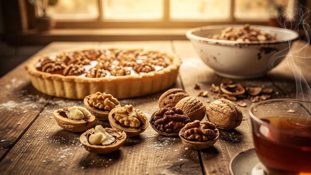 Noix fraîche et noix sèche sur table en bois pour tarte de saison, ambiance chaleureuse d'automne