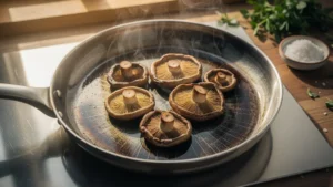 Poêle en acier avec cèpes parfaitement saisis, sans détremper, dans une cuisine moderne rustique