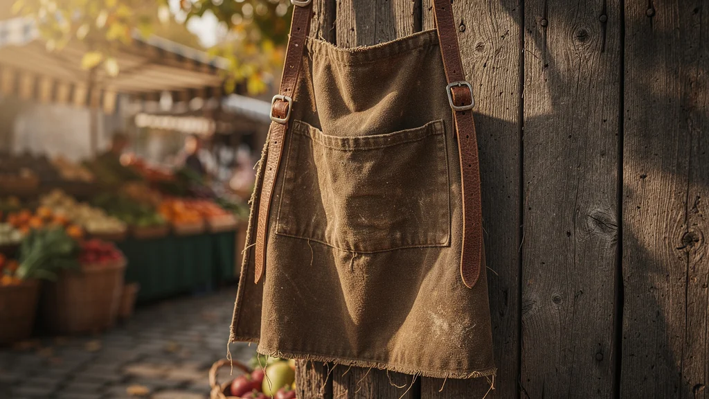 Tablier de marché usé après dix ans d'utilisation, suspendu avec lumière naturelle et textures détaillées