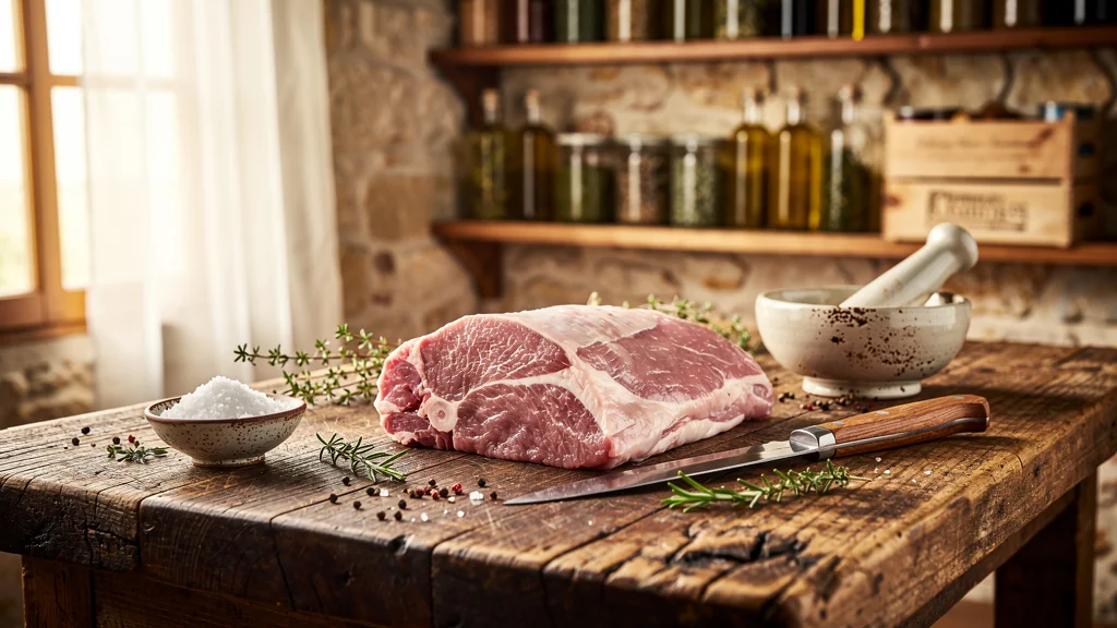 Cuisine rustique avec un morceau de veau sous la mère prêt à la cuisson, ambiance authentique et naturelle