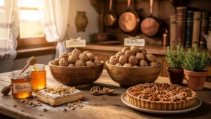 Comparaison hyperréaliste des noix de Corrèze et du Périgord en pâtisserie dans une cuisine rustique française