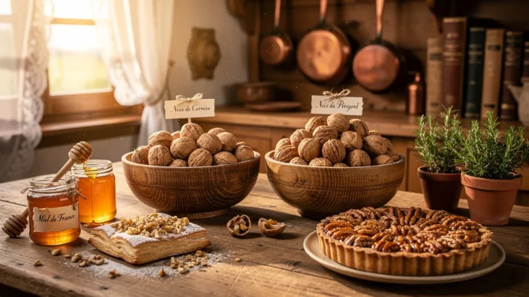 Comparaison hyperréaliste des noix de Corrèze et du Périgord en pâtisserie dans une cuisine rustique française