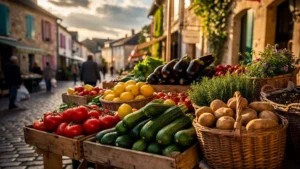 Marché coloré de Brive ou Tulle avec étalages frais où je remplis mon panier