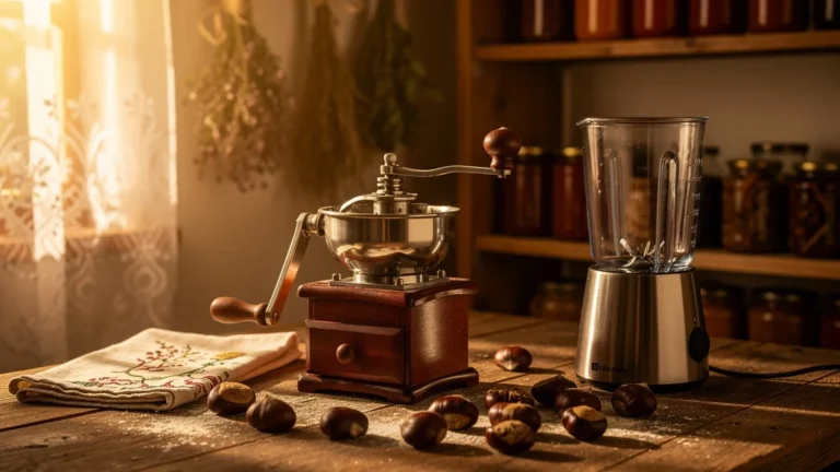 Cuisine rustique avec moulin à châtaignes en bois face à un mixeur moderne, reflet du choix entre tradition et modernité