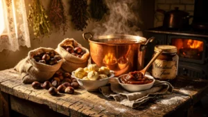 Cuisine rustique avec préparation traditionnelle de confiture de châtaigne à l'ancienne en lumière naturelle