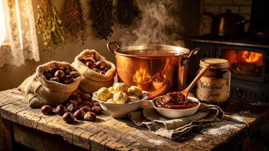 Cuisine rustique avec préparation traditionnelle de confiture de châtaigne à l'ancienne en lumière naturelle
