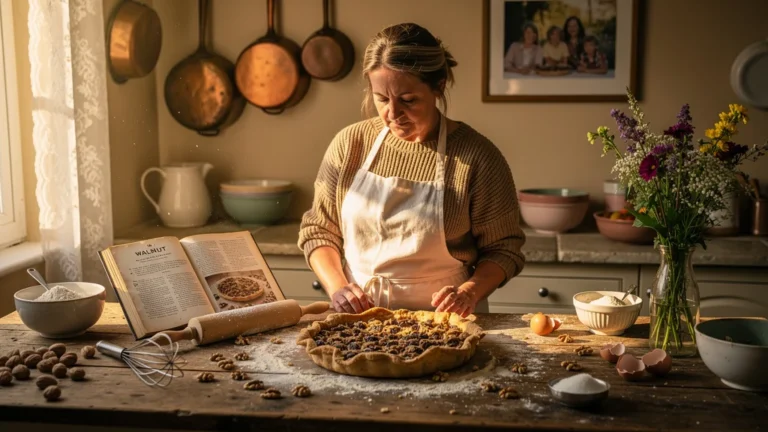 Femme de 56 ans dans cuisine chaleureuse après avoir raté une tourte aux noix, moment d'apprentissage familial