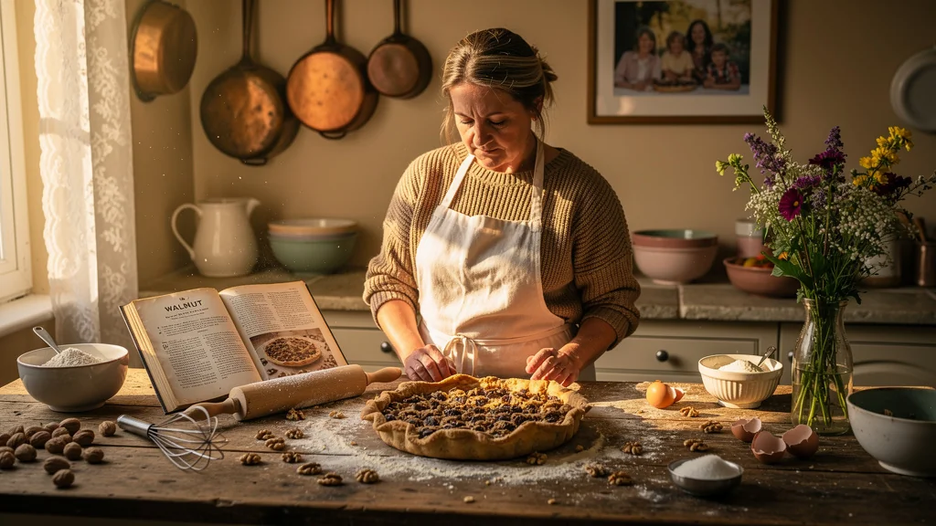 Femme de 56 ans dans cuisine chaleureuse après avoir raté une tourte aux noix, moment d'apprentissage familial