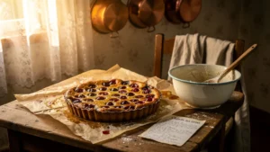 Clafoutis aux cerises maison retrouvé après trois essais et un secret dans une cuisine rustique chaleureuse