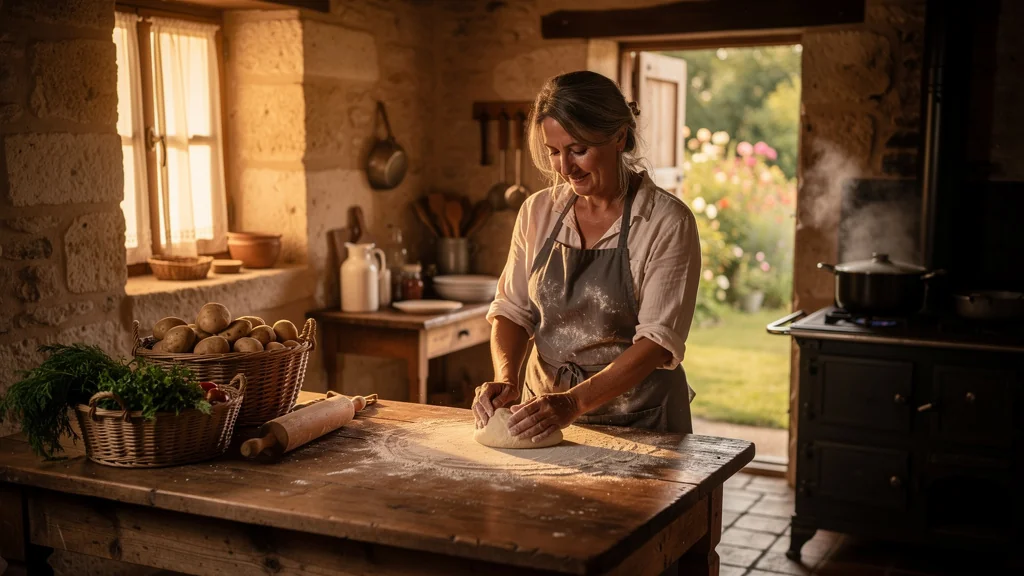 Femme de 56 ans préparant la mique corrézienne dans une cuisine traditionnelle rustique chaleureuse