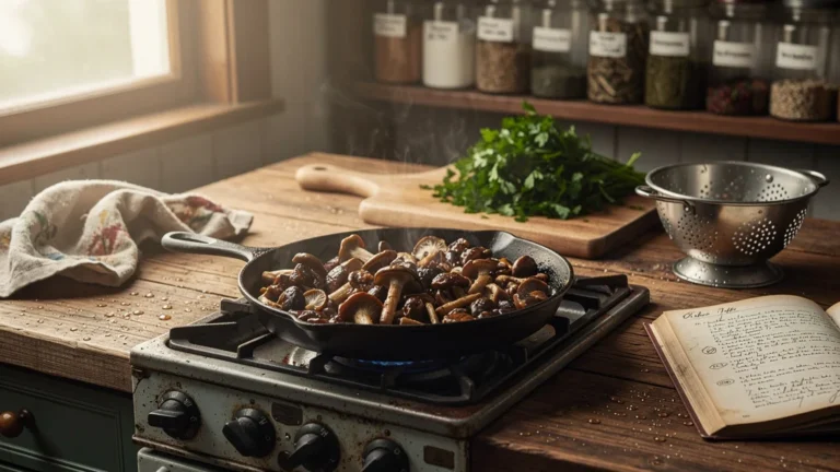 Poêlée de cèpes gorgés d'eau après un rinçage excessif, illustration réaliste en cuisine rustique