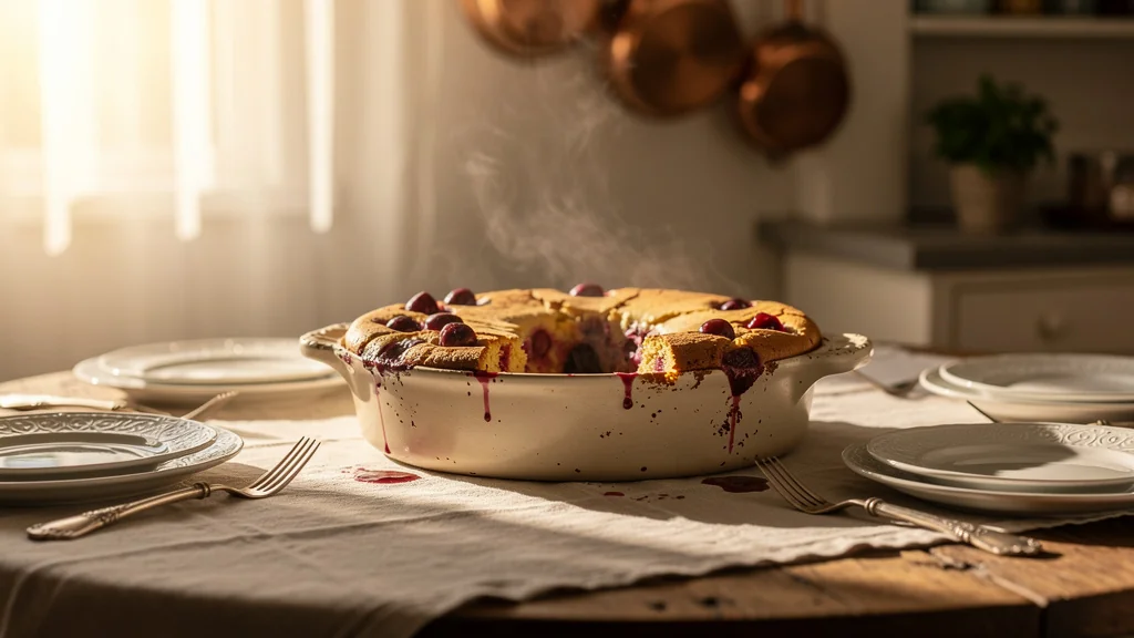 Clafoutis effondré et encore chaud sur table en bois lors d’un repas devant les invités