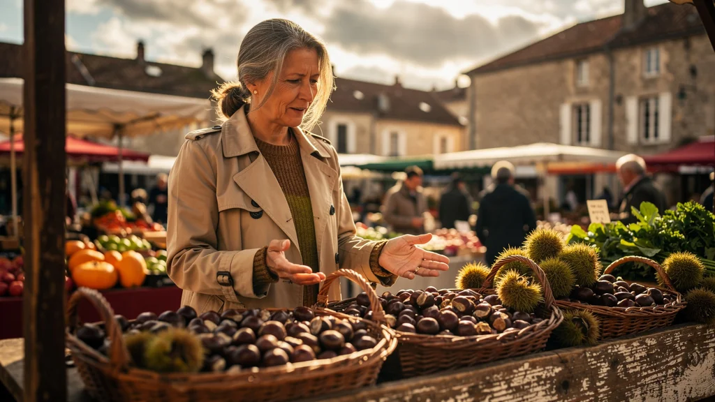 Femme choisissant des châtaignes fraîches au marché authentique de Tulle en automne