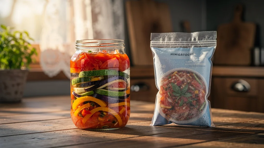 Comparaison réaliste entre un bocal maison de ratatouille et un plat surgelé commercial sur une table en bois