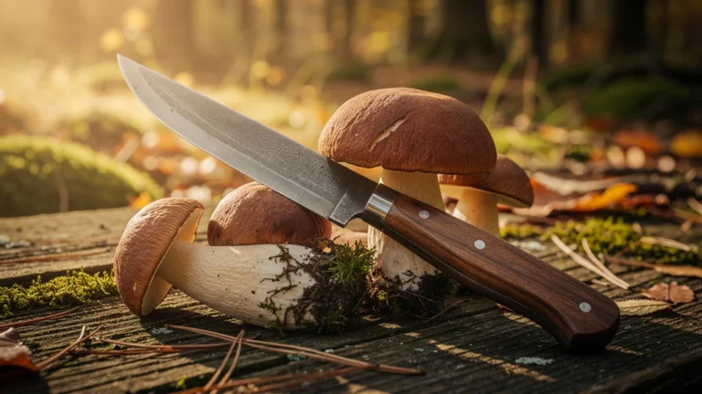 Couteau à cèpes d'occasion usé sur table en bois avec champignons, lumière dorée et ambiance forêt automnale
