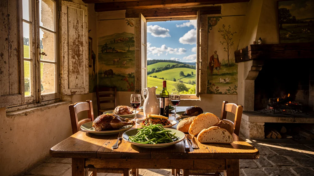 Déjeuner émouvant dans une auberge de campagne corrézienne traditionnelle aux couleurs chaudes