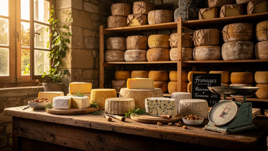Fromagerie traditionnelle à Uzerche avec plateau de fromages artisanaux et ambiance rustique chaleureuse